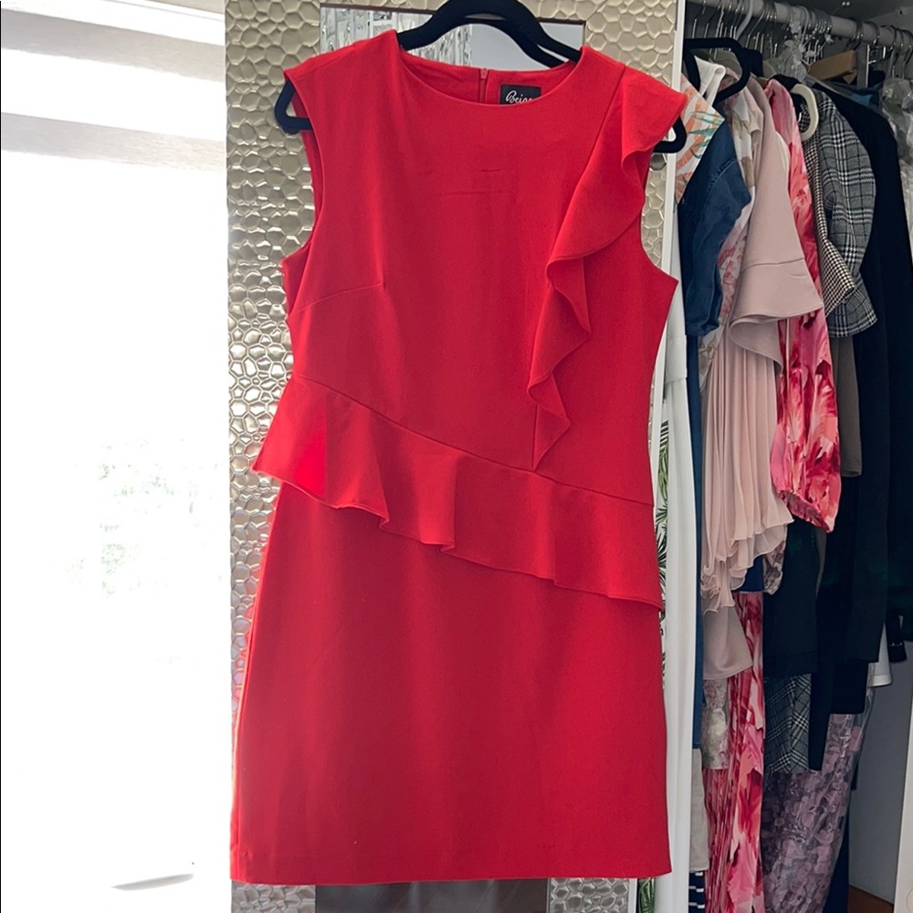 Beige by Eci Red Ruffled Sheath Mini Dress